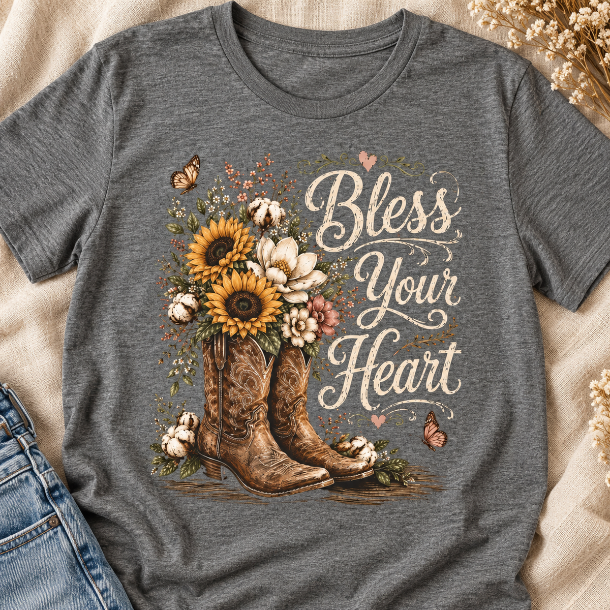 Bless Your Heart Boots Shirt | Magnolia Floral Tee — close-up lifestyle flat lay