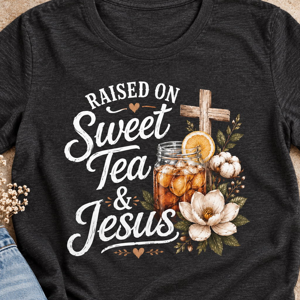 Raised on Sweet Tea and Jesus Shirt | Country Faith Tee — close-up lifestyle flat lay