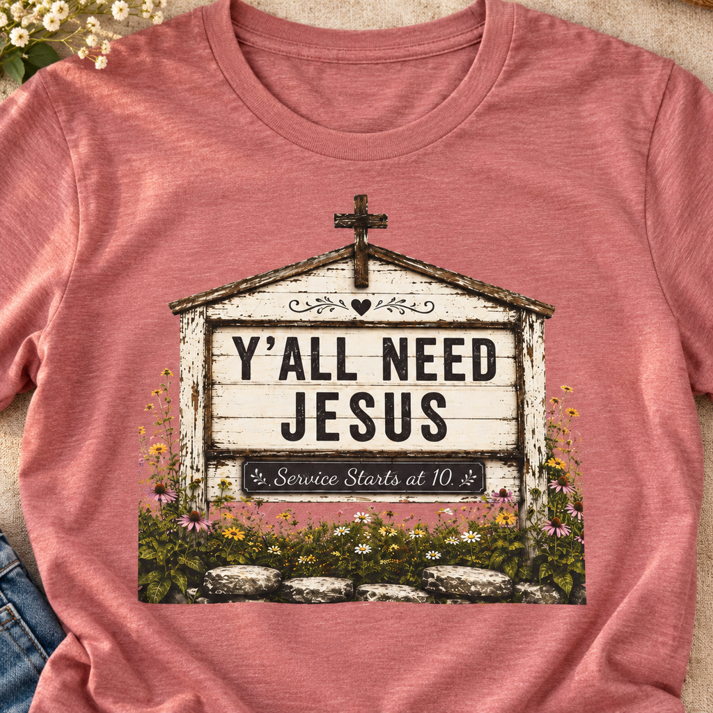 Y'all Need Jesus Shirt | Rustic Christian Tee — close-up lifestyle flat lay