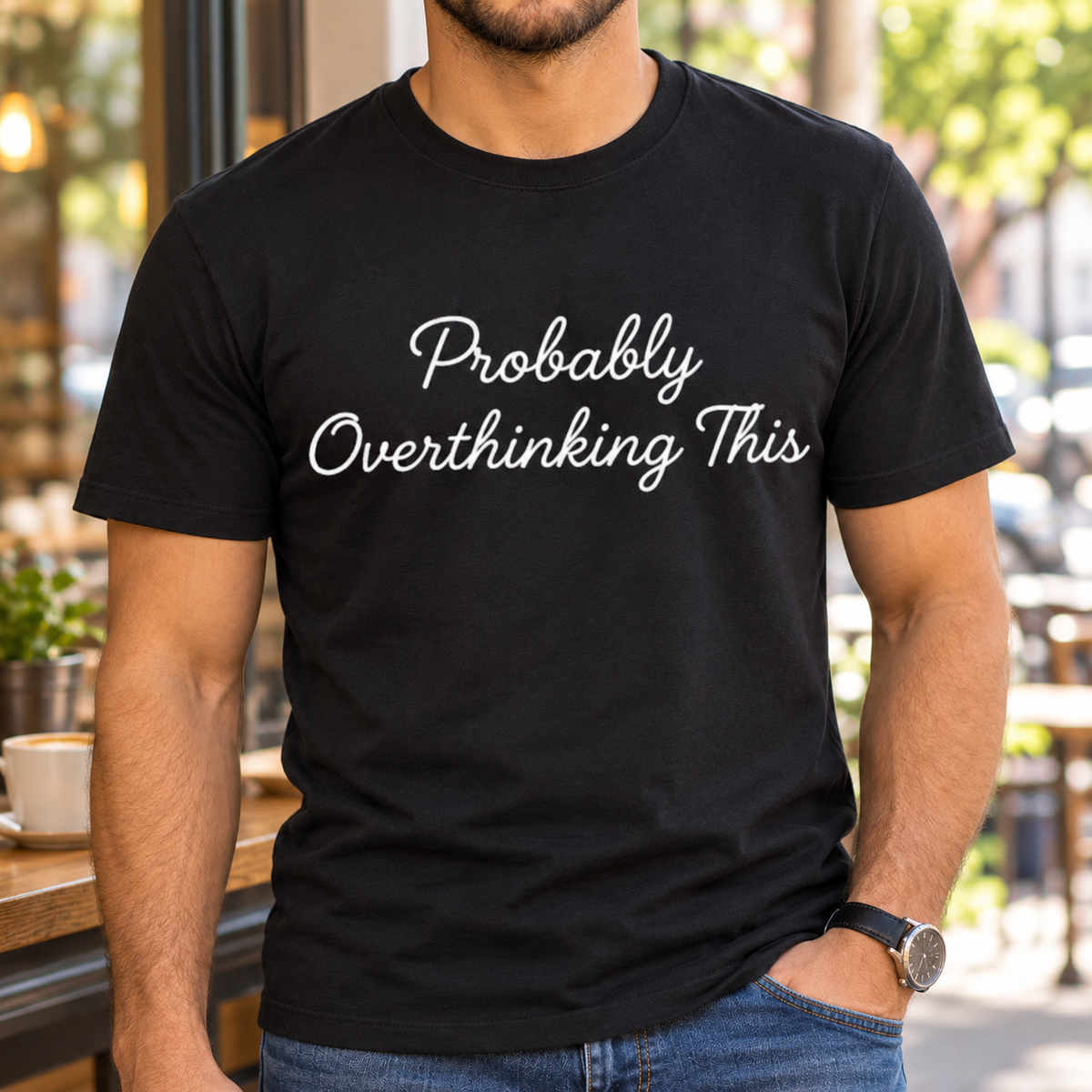 Probably Overthinking This Shirt | Funny Introvert Tee — close-up lifestyle mockup