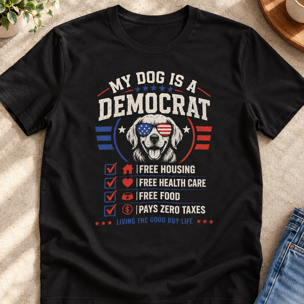 Funny Dog Lover Political Humor Shirt | Patriotic Pet Tee — close-up lifestyle flat lay