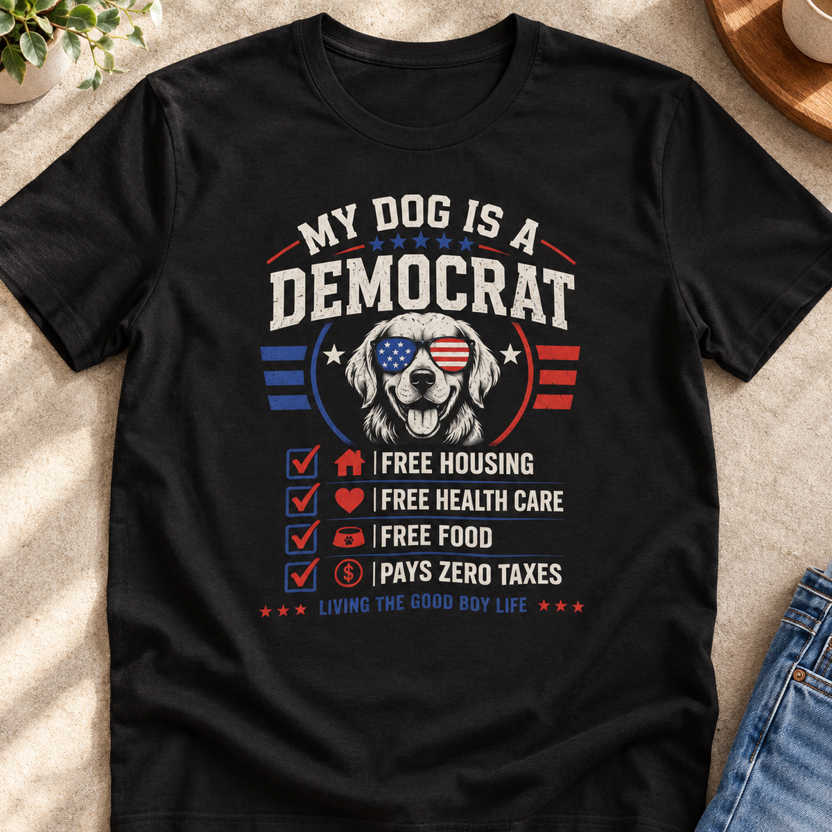 Funny Dog Lover Political Humor Shirt | Patriotic Pet Tee — close-up lifestyle flat lay