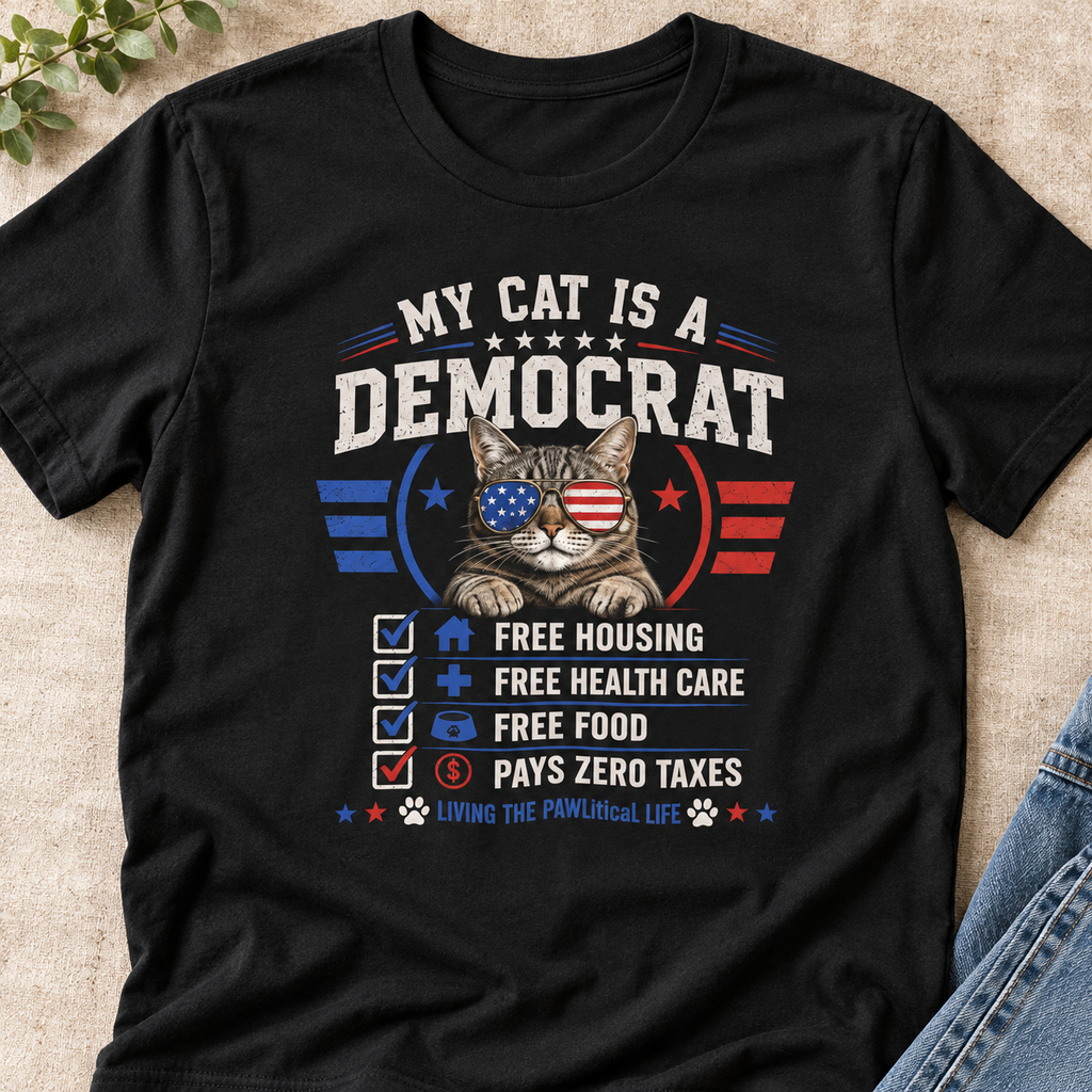 Funny Cat Lover Political Humor Shirt | Patriotic Pet Tee — close-up lifestyle flat lay