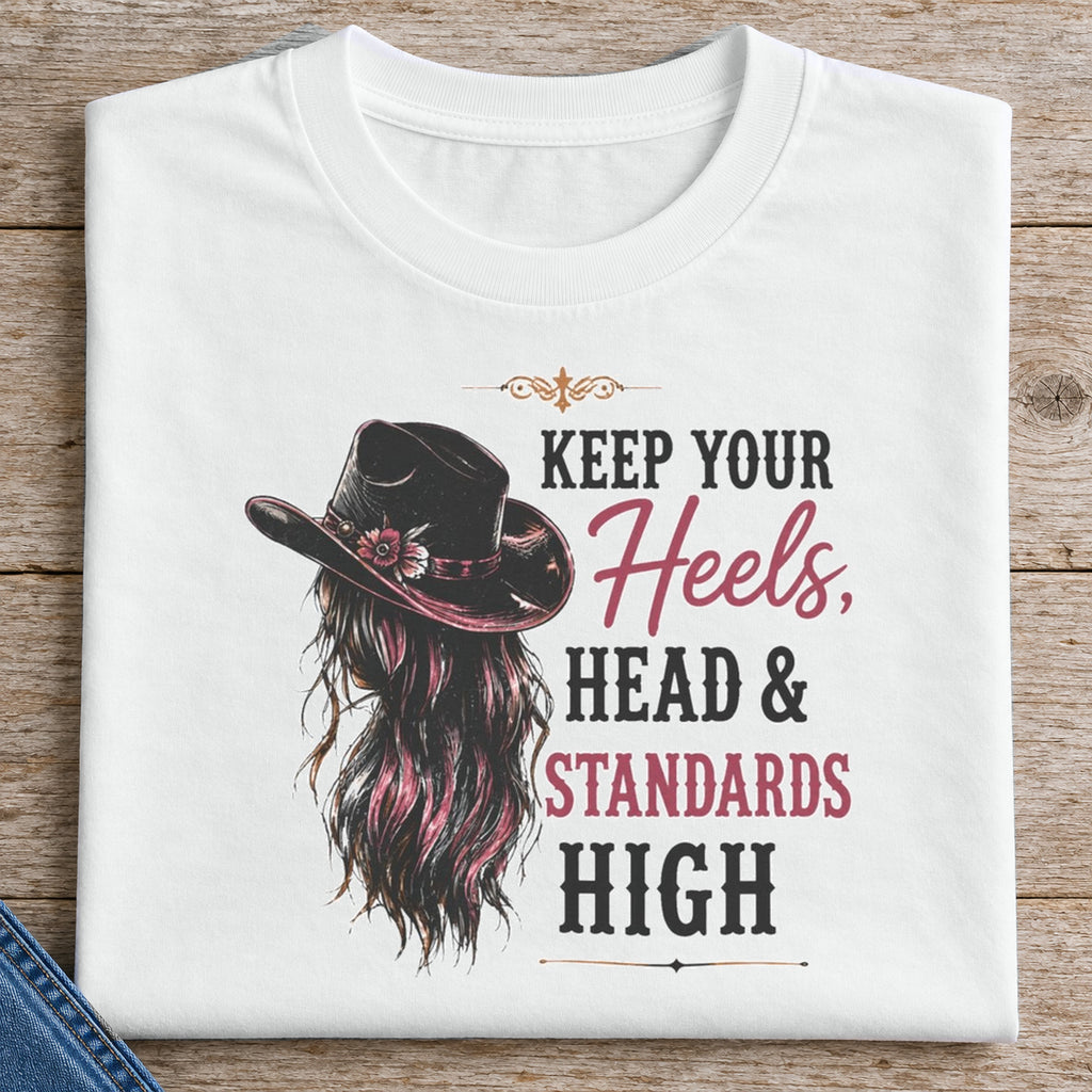 Keep Your Heels, Head & Standards High Shirt | Western Tee — folded shirt with original artwork