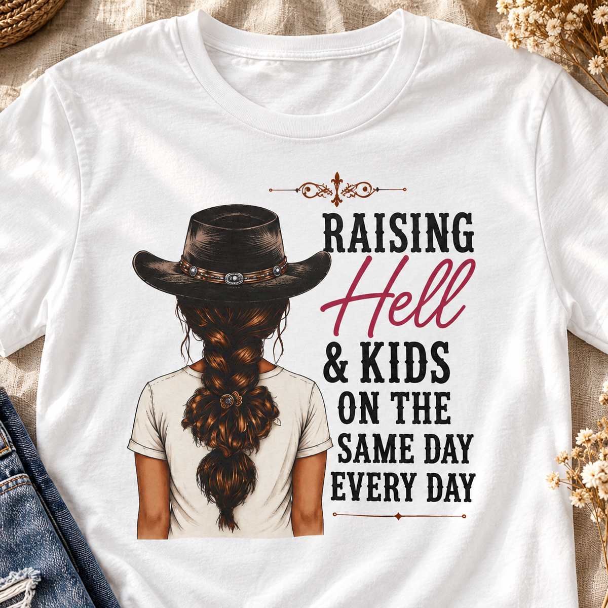 Beth Dutton Western Cowgirl Shirt | Country Graphic Tee — close-up lifestyle flat lay