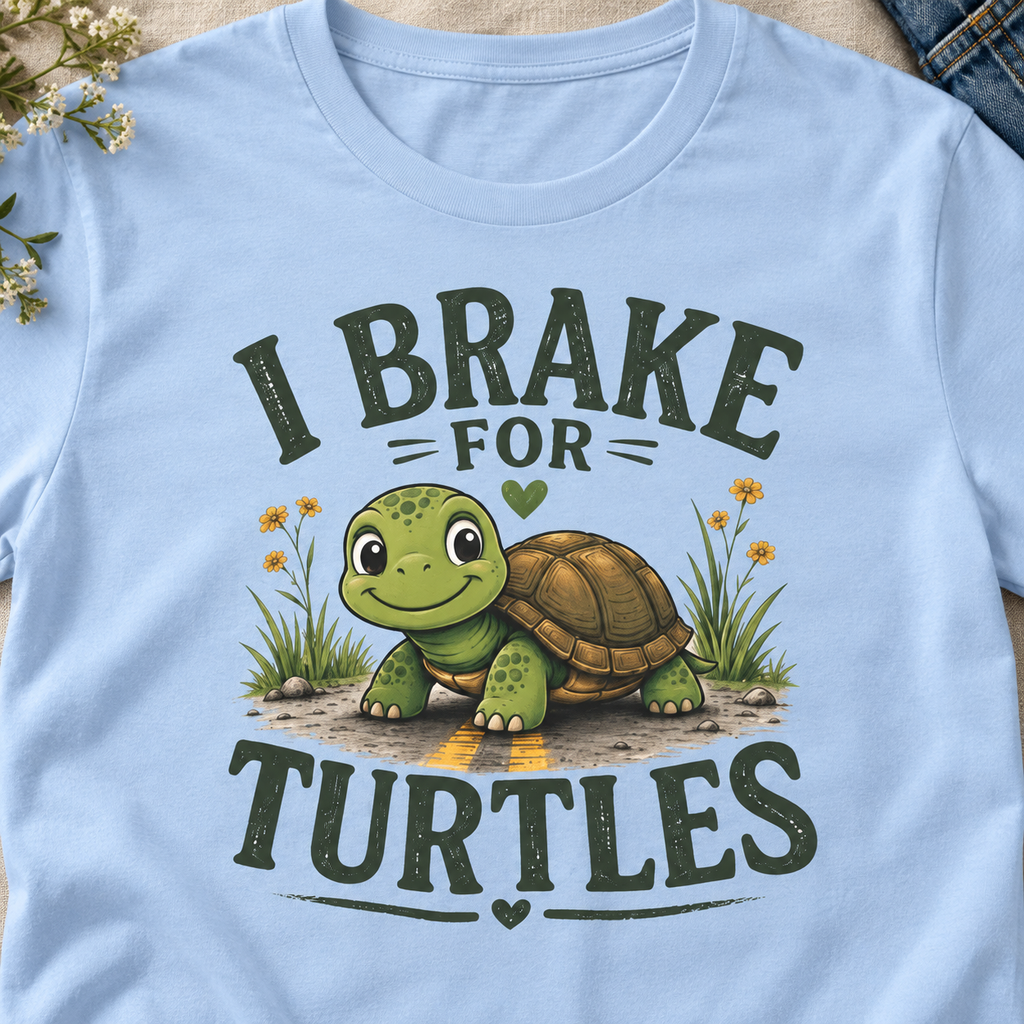 I Brake for Turtles Shirt | Funny Turtle Lover Tee — close-up lifestyle flat lay