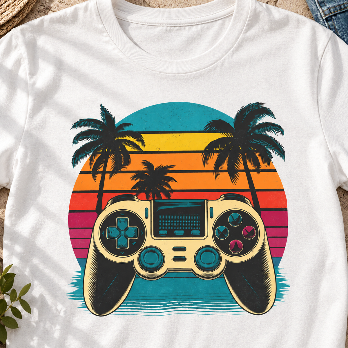 Retro Gaming Sunset Shirt | Video Game Controller Tee — close-up lifestyle flat lay
