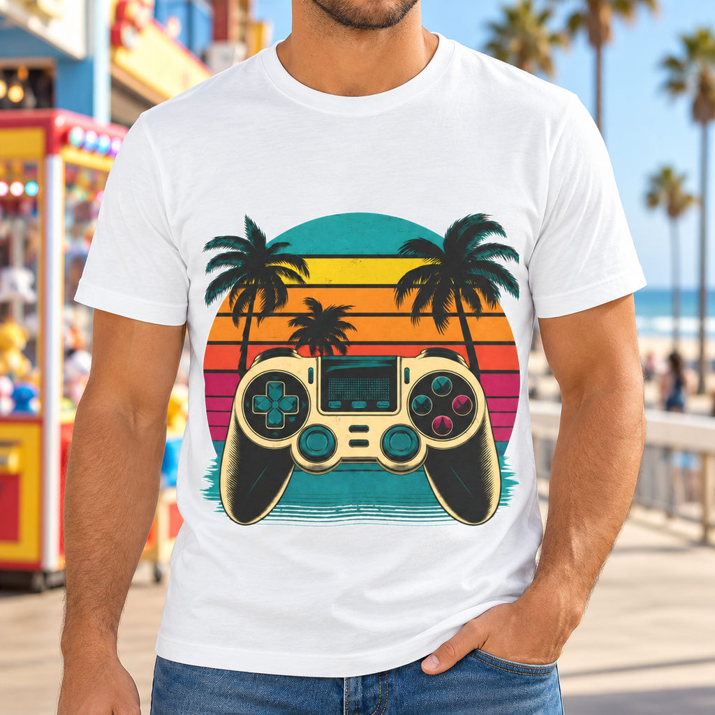 Retro Gaming Sunset Shirt | Video Game Controller Tee — close-up lifestyle mockup