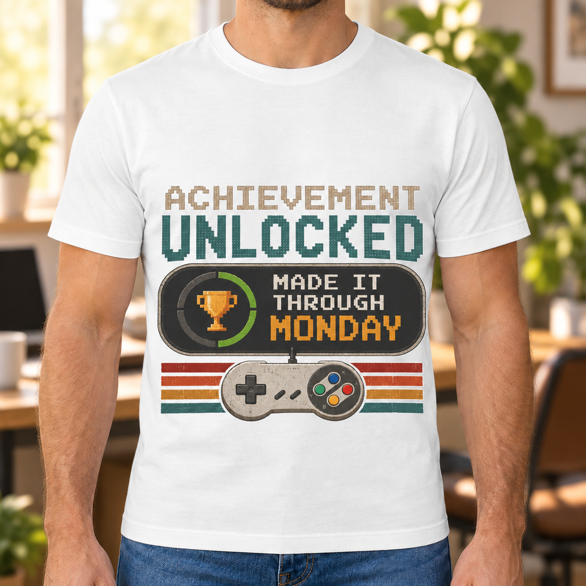Made It Through Monday Retro Gaming Shirt | Work Humor Tee — close-up lifestyle mockup