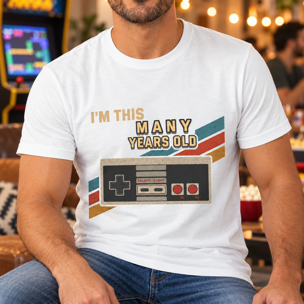 Retro Gamer Birthday Shirt | I'm This Many Years Old Tee — close-up lifestyle mockup