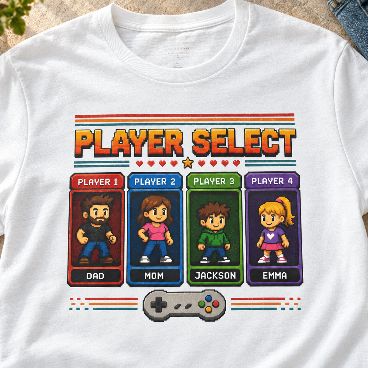 Personalized Gamer Family Shirt | Custom Gaming Tee — close-up lifestyle flat lay