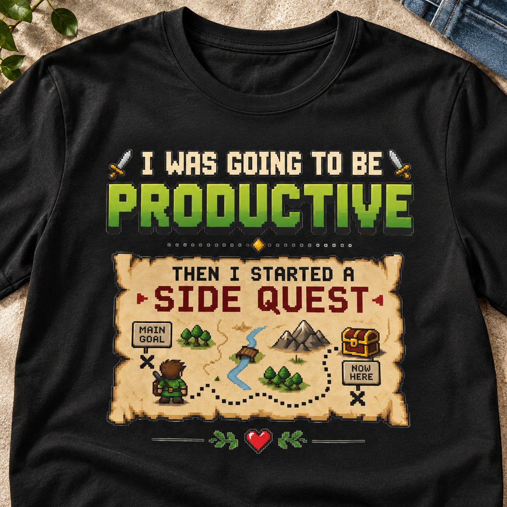 Side Quest Shirt | Retro Gaming Tee — close-up lifestyle flat lay
