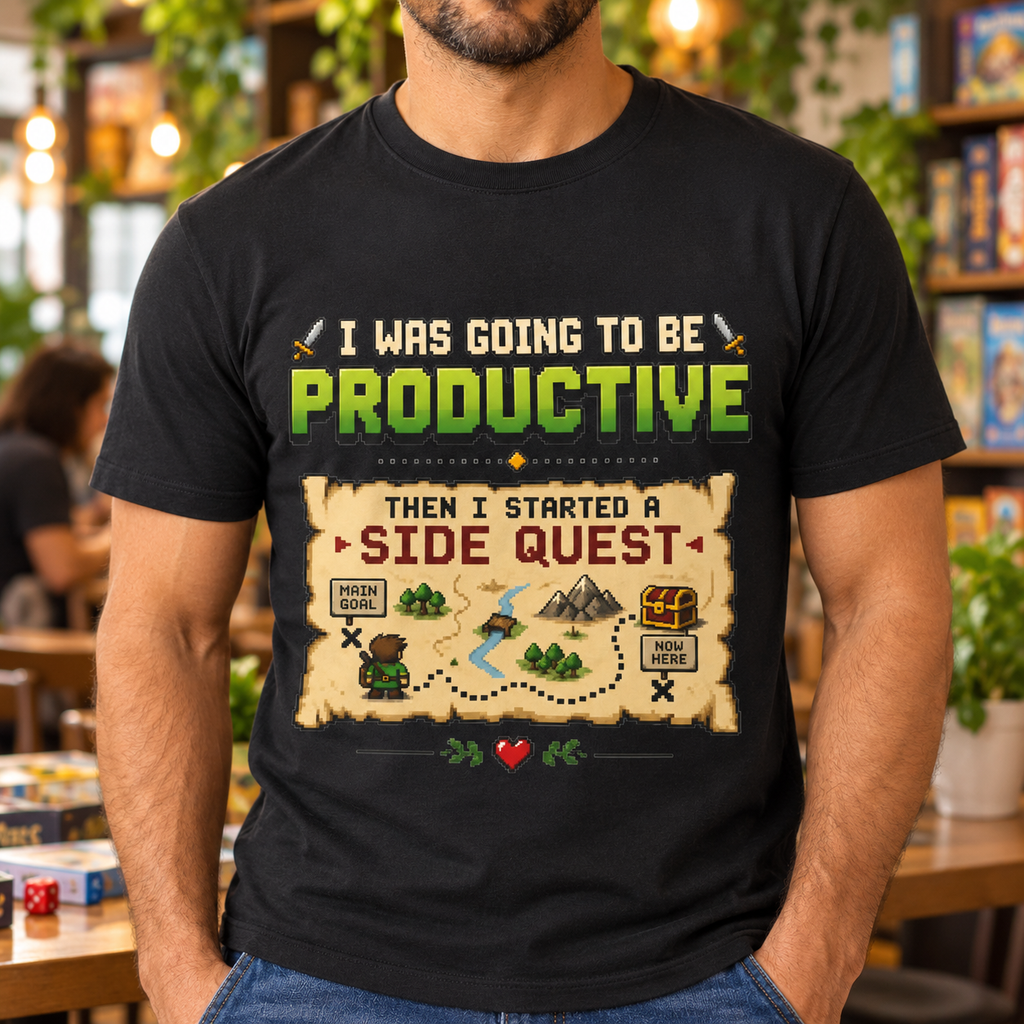 Side Quest Shirt | Retro Gaming Tee — close-up lifestyle mockup