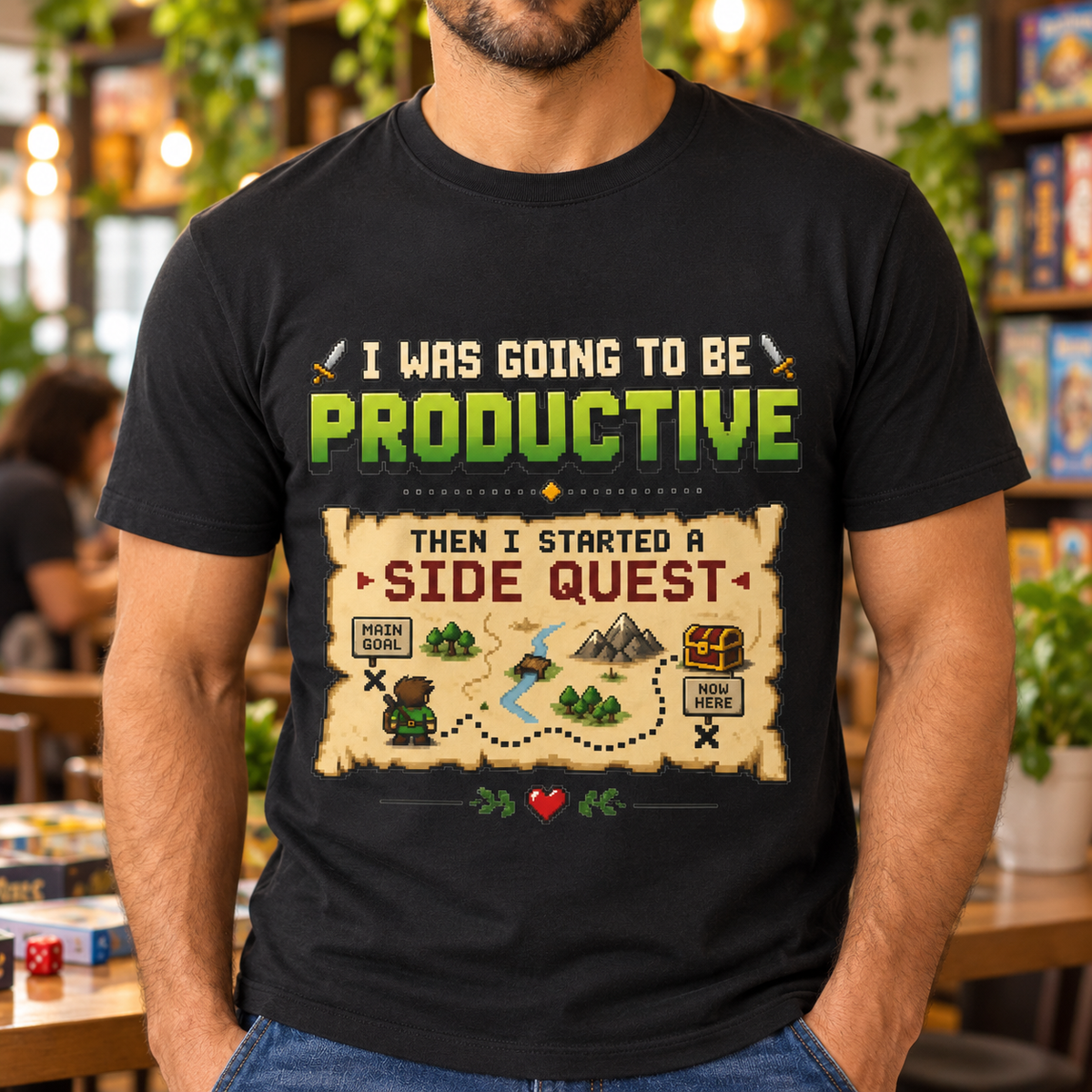 Side Quest Shirt | Retro Gaming Tee — close-up lifestyle mockup
