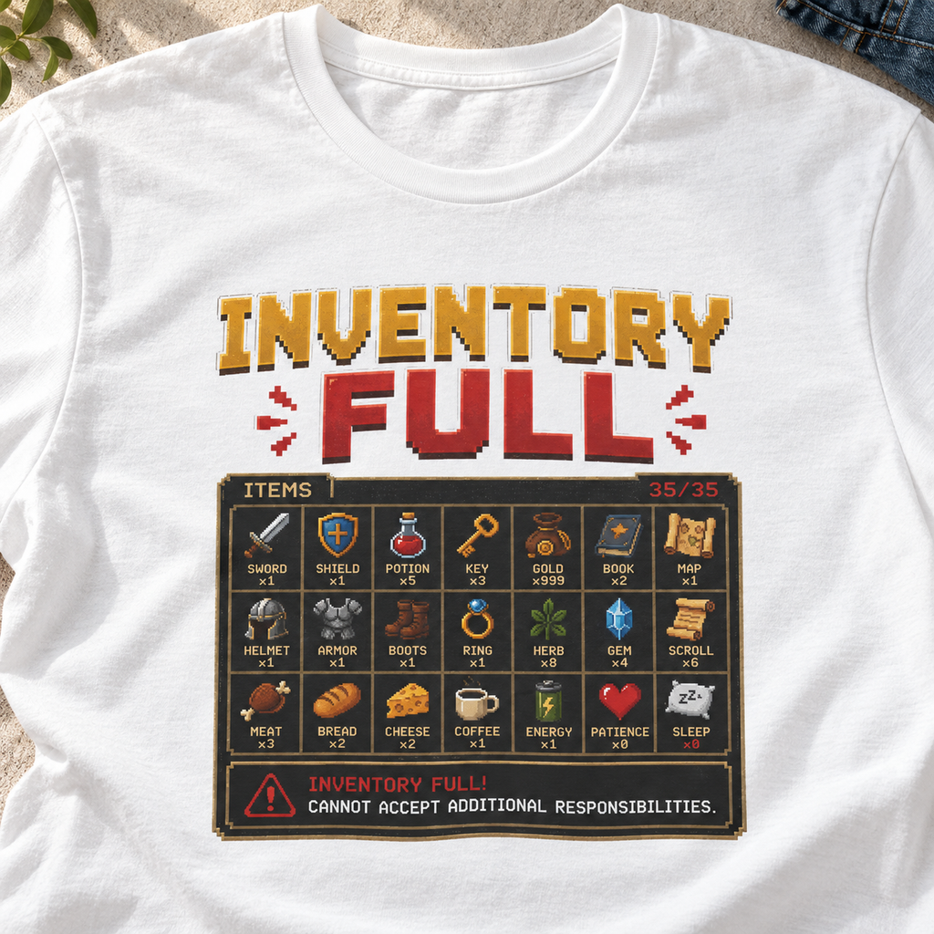 Inventory Full Shirt | Retro Gaming Tee — close-up lifestyle flat lay