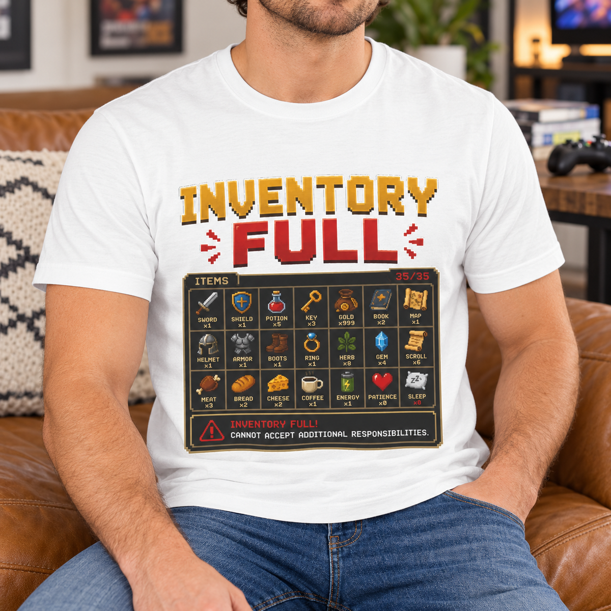 Inventory Full Shirt | Retro Gaming Tee — close-up lifestyle mockup