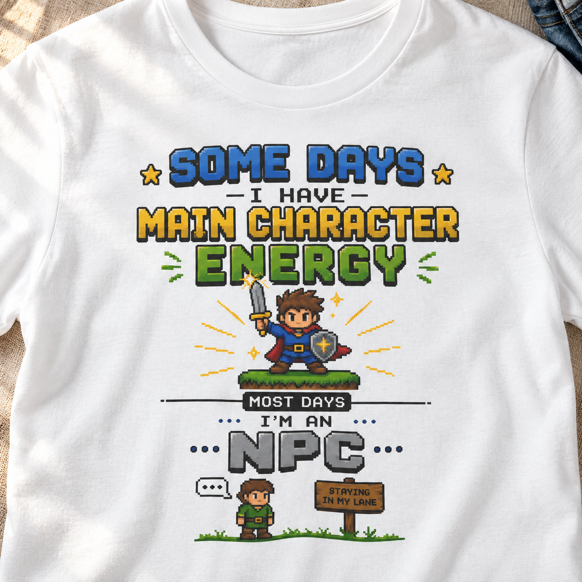 Main Character Energy Shirt | Retro Gaming Tee — close-up lifestyle flat lay