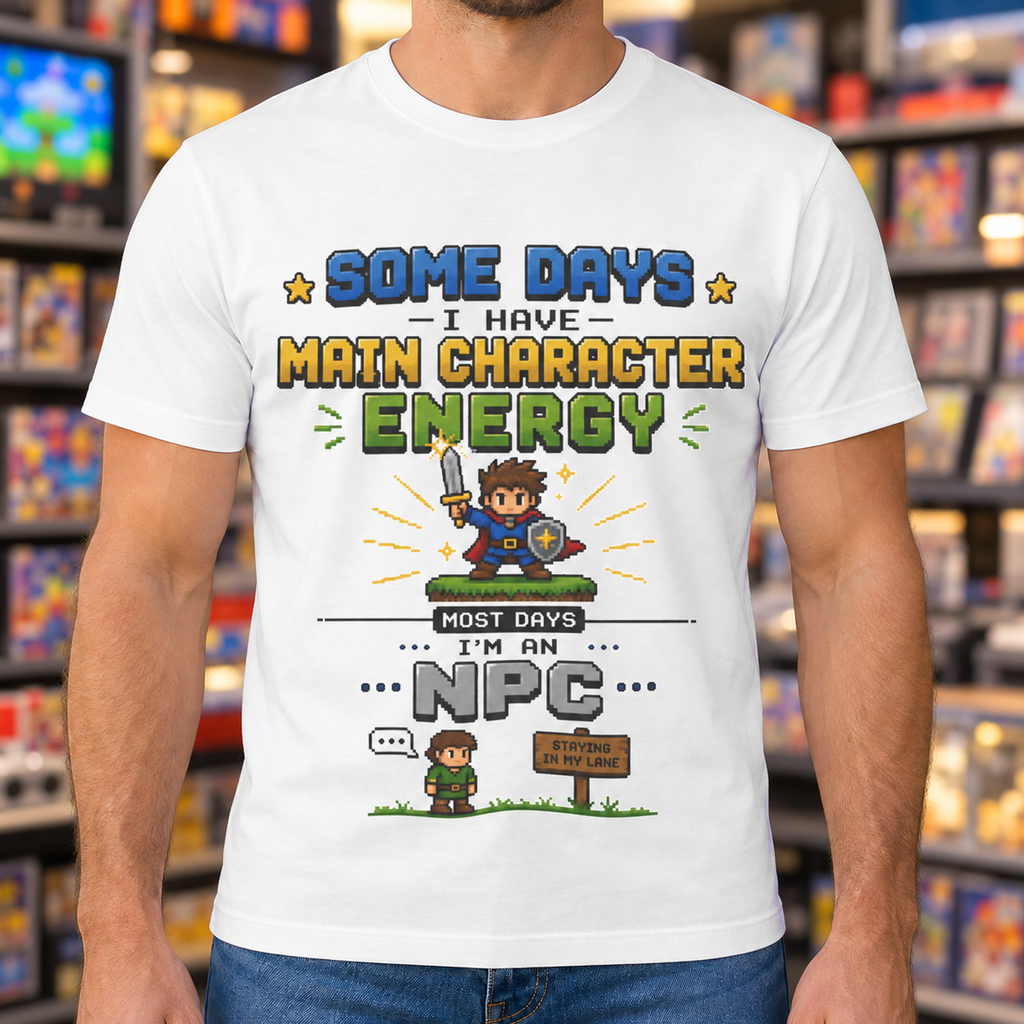 Main Character Energy Shirt | Retro Gaming Tee — close-up lifestyle mockup