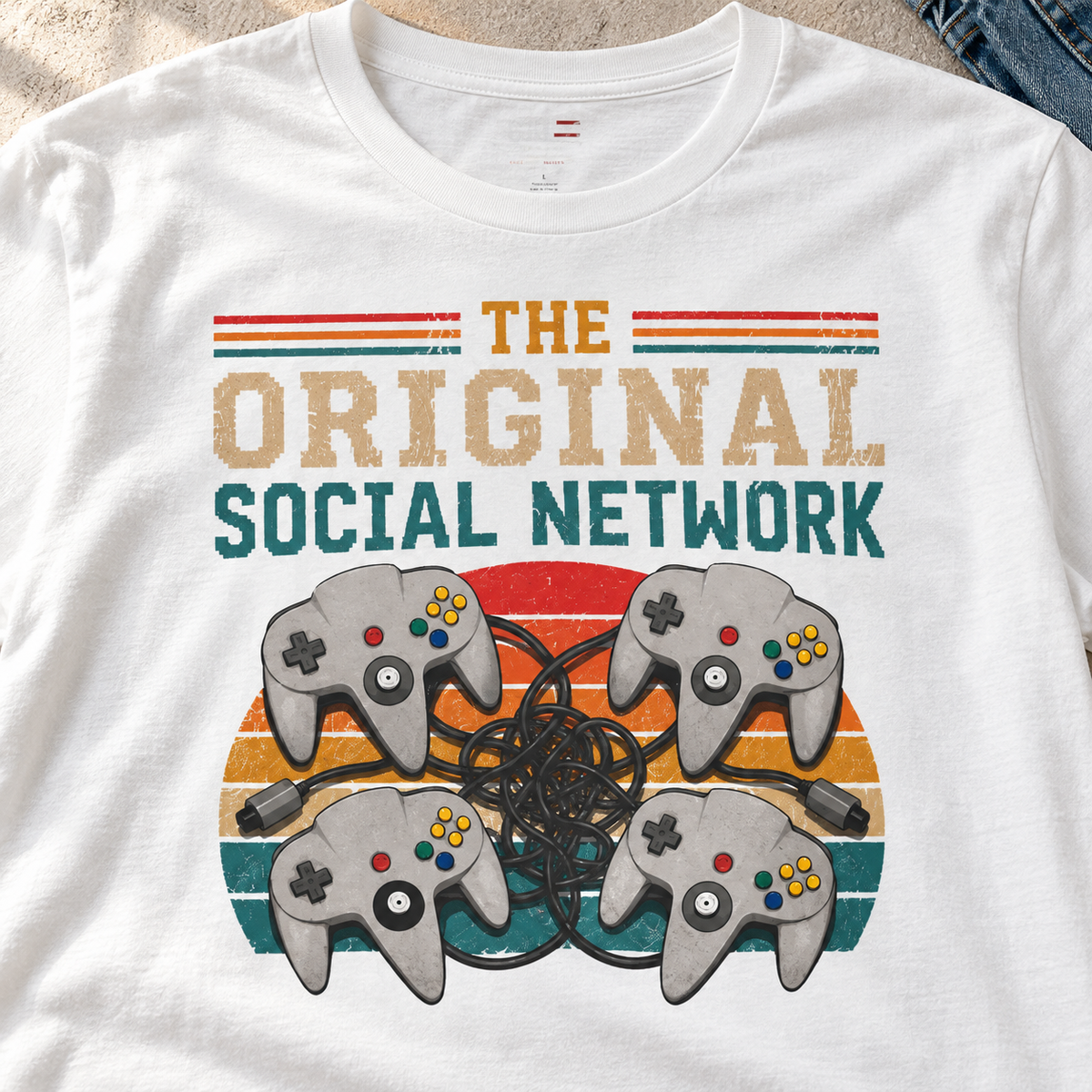 Original Social Network Shirt | Retro N64 Gaming Tee — close-up lifestyle flat lay