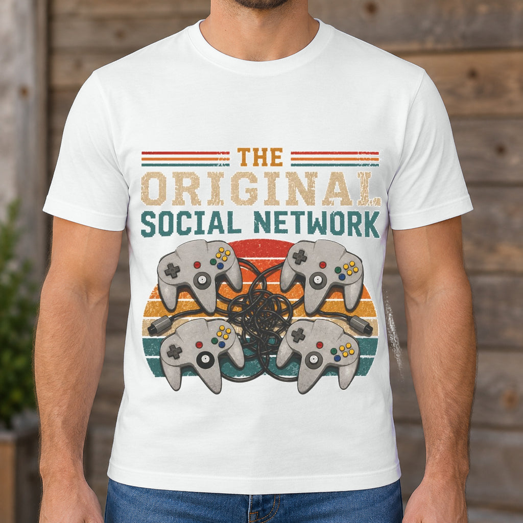 Original Social Network Shirt | Retro N64 Gaming Tee — man wearing shirt with original artwork
