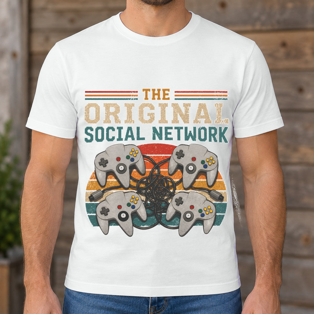 Original Social Network Shirt | Retro N64 Gaming Tee — man wearing shirt with original artwork