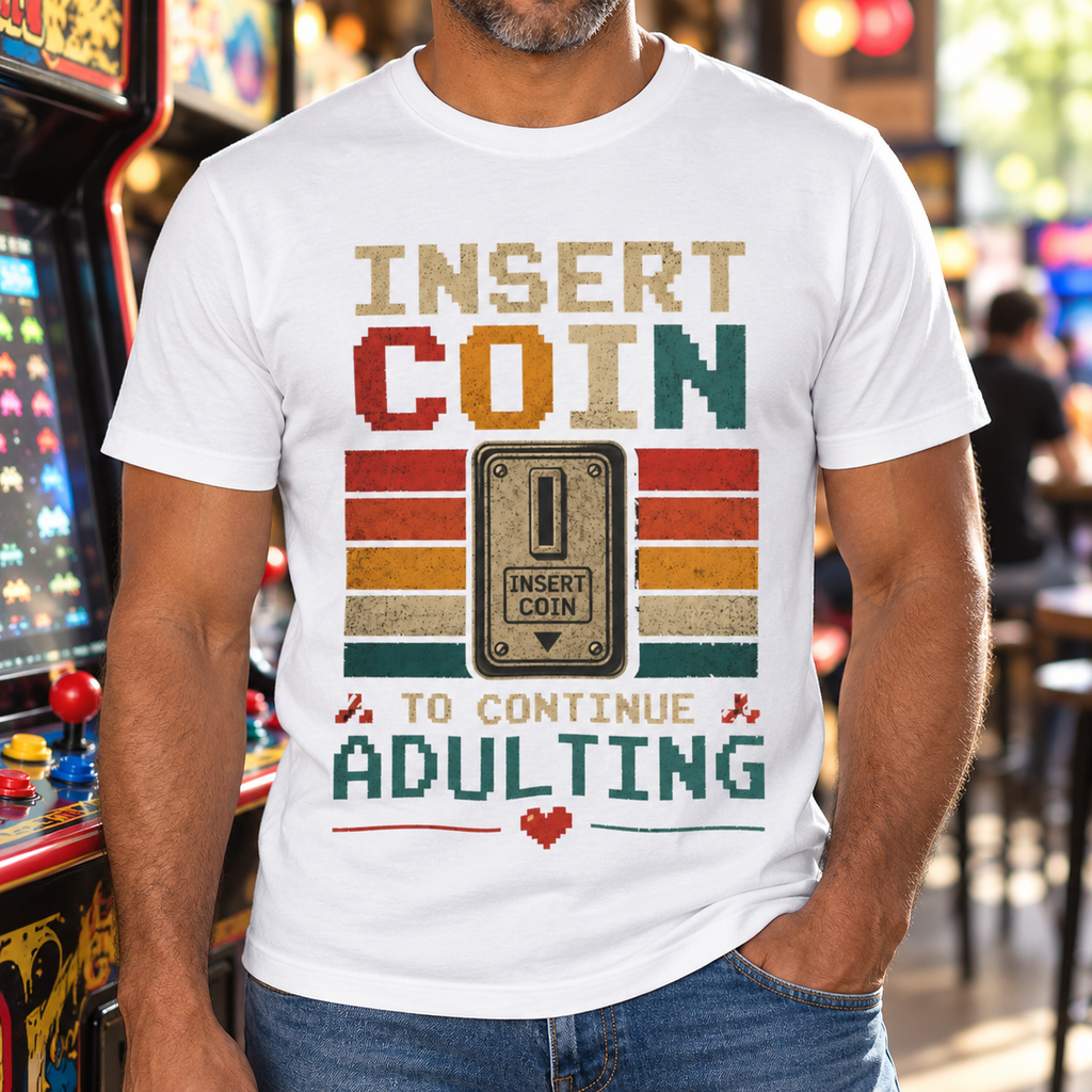 Insert Coin to Continue Adulting Shirt | Retro Gamer Tee — close-up lifestyle mockup