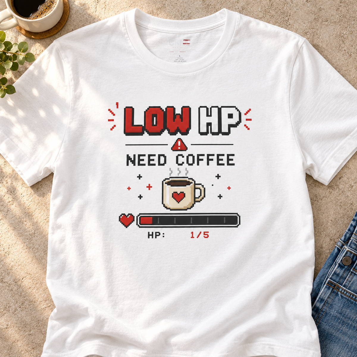 Gamer Coffee Shirt | Funny Caffeine Pixel Tee — close-up lifestyle flat lay