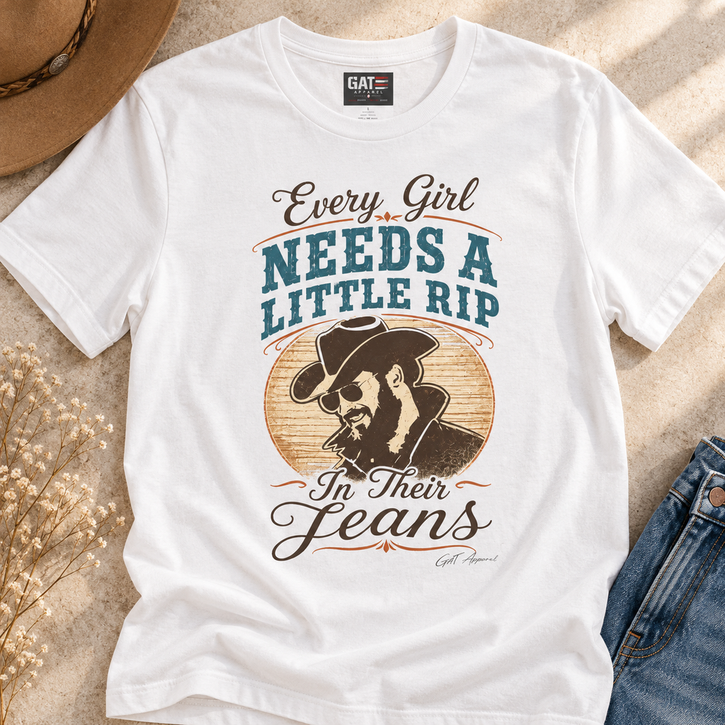 Every Girl Needs a Little Rip Blue Shirt | Western Cowgirl Tee — close-up lifestyle flat lay