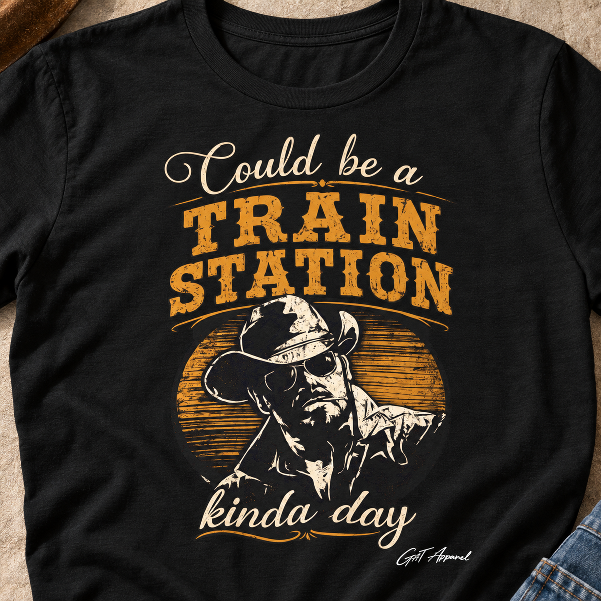 Yellowstone Train Station Shirt | Funny Cowboy Western Tee — close-up lifestyle flat lay
