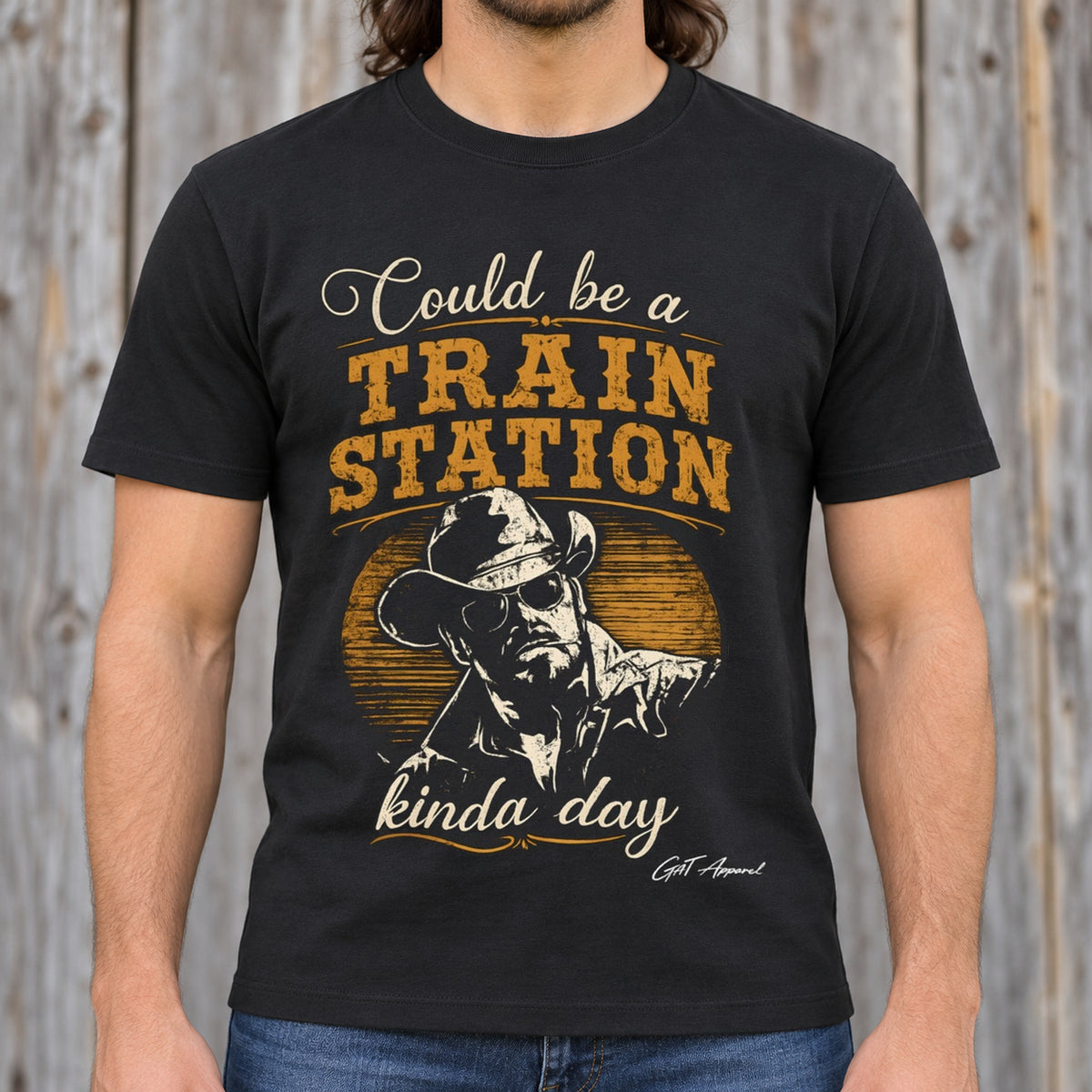 Yellowstone Train Station Shirt | Funny Cowboy Western Tee — man wearing shirt with original artwork