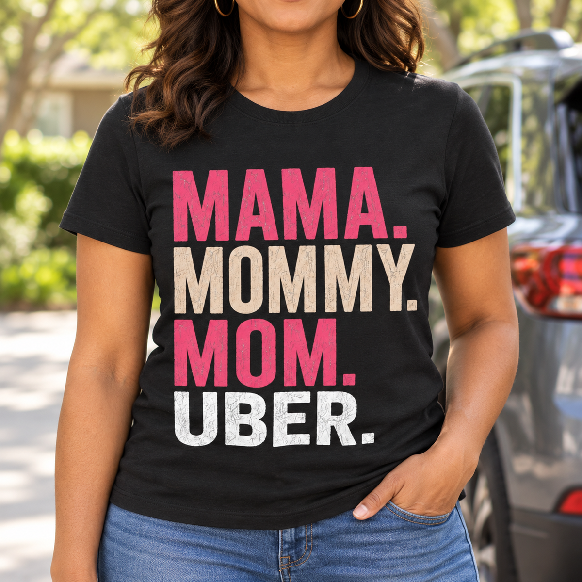 Mama Mommy Mom Uber Shirt | Funny Mom Life Tee — close-up lifestyle mockup