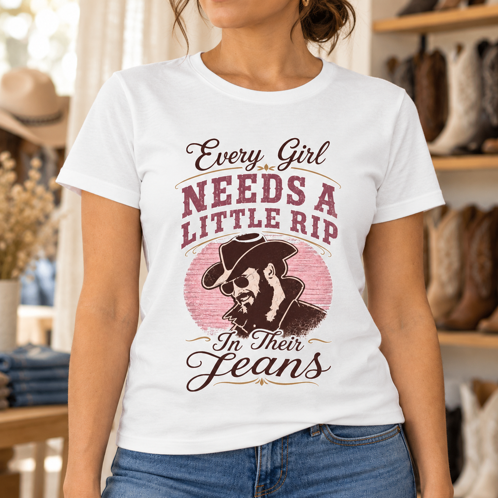 Every Girl Needs a Little Rip Pink Shirt | Western Cowgirl Tee — close-up lifestyle mockup
