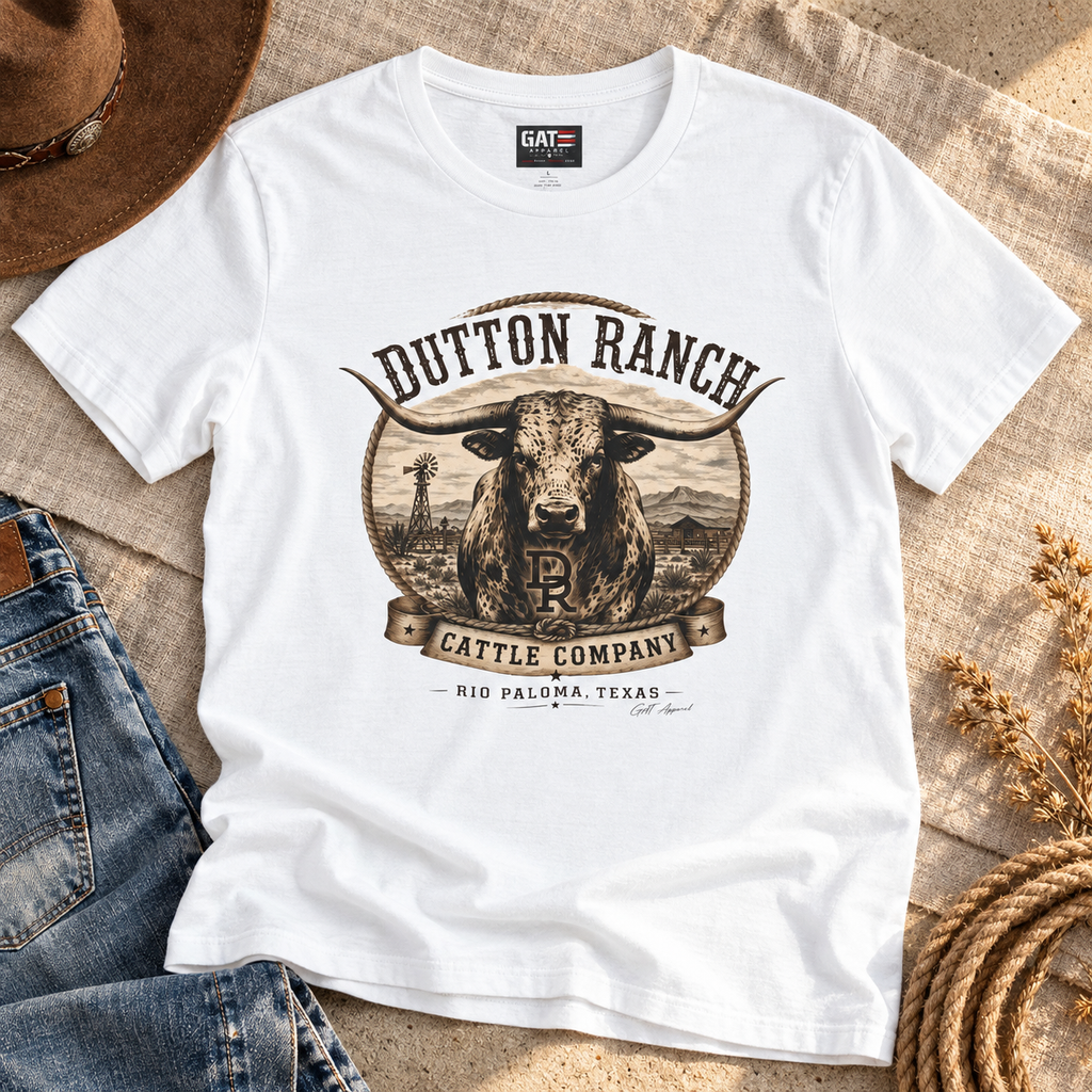 Dutton Ranch Cattle Company Shirt | Longhorn Western Tee — close-up lifestyle flat lay