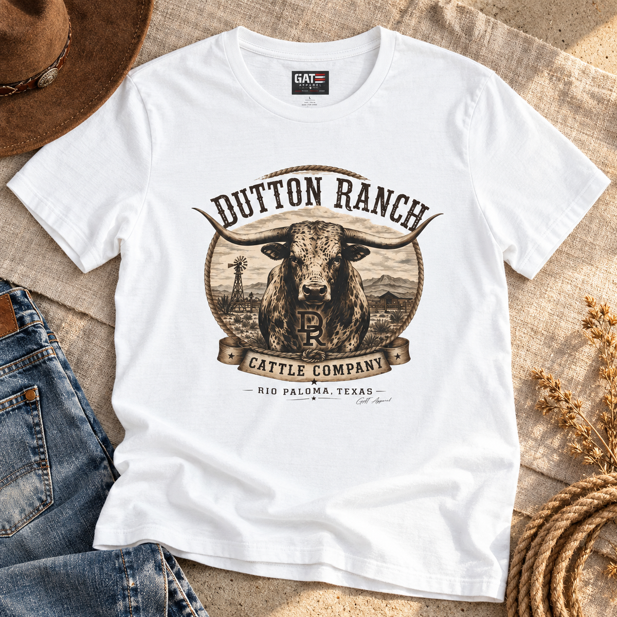 Dutton Ranch Cattle Company Shirt | Longhorn Western Tee — close-up lifestyle flat lay
