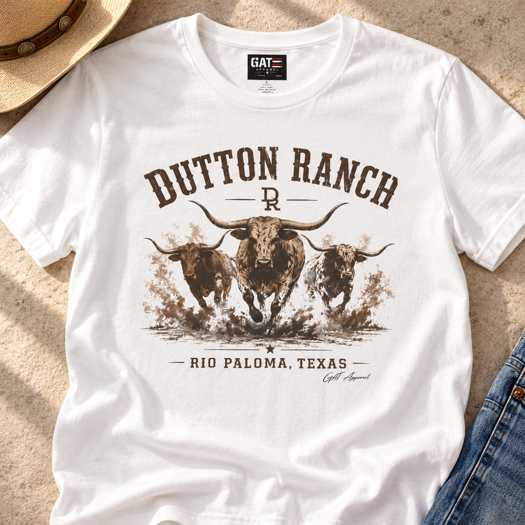 Dutton Ranch Longhorn Shirt | Western Cowboy Tee — close-up lifestyle flat lay