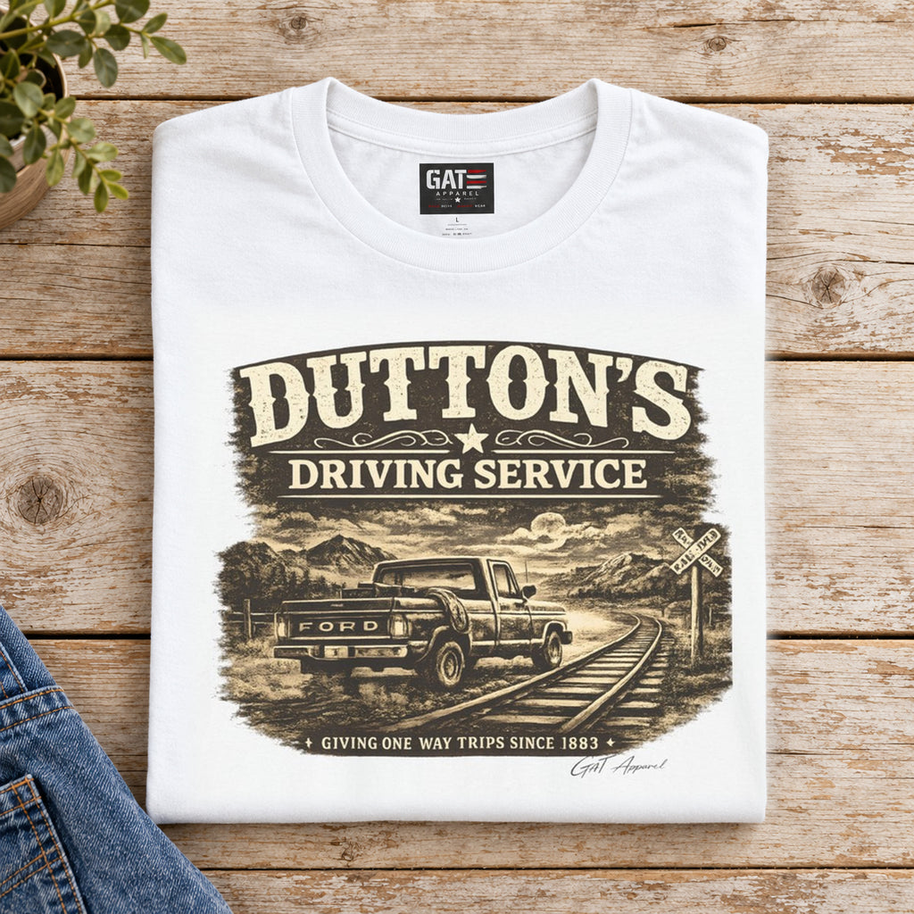 Dutton's Driving Service Shirt | Yellowstone Western Tee — folded shirt with original artwork