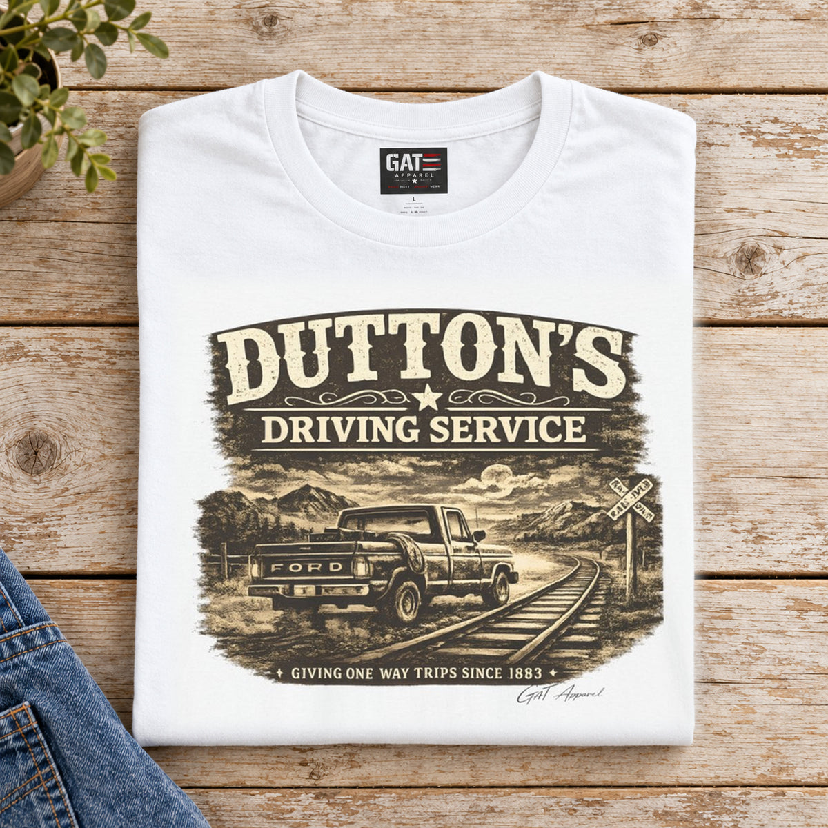 Dutton's Driving Service Shirt | Yellowstone Western Tee — folded shirt with original artwork