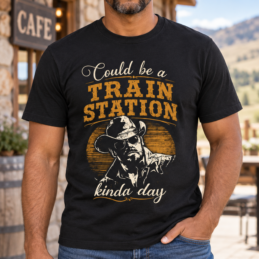 Rip Wheeler Train Station Shirt | Yellowstone Cowboy Tee — close-up lifestyle mockup