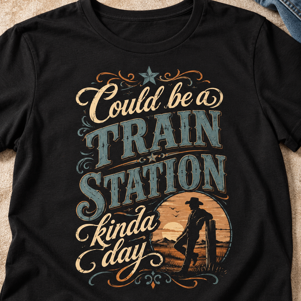 Yellowstone Train Station Cowboy Shirt | Western Humor Tee — close-up lifestyle flat lay