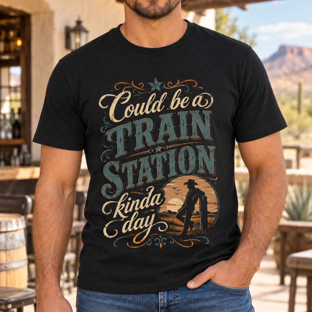 Yellowstone Train Station Cowboy Shirt | Western Humor Tee — close-up lifestyle mockup