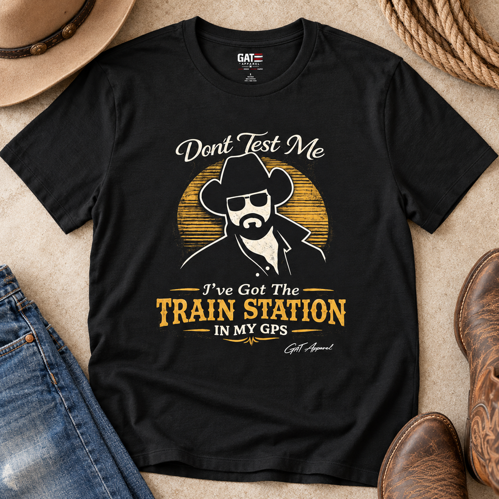 Don't Make Me Take You to the Train Station Shirt | Yellowstone Western Tee — close-up lifestyle flat lay
