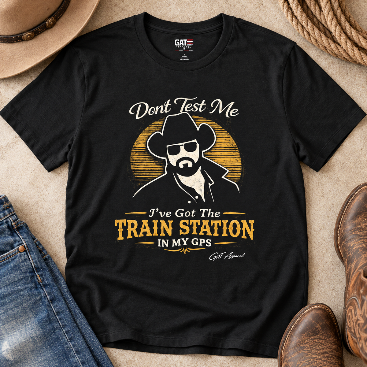 Don't Make Me Take You to the Train Station Shirt | Yellowstone Western Tee — close-up lifestyle flat lay