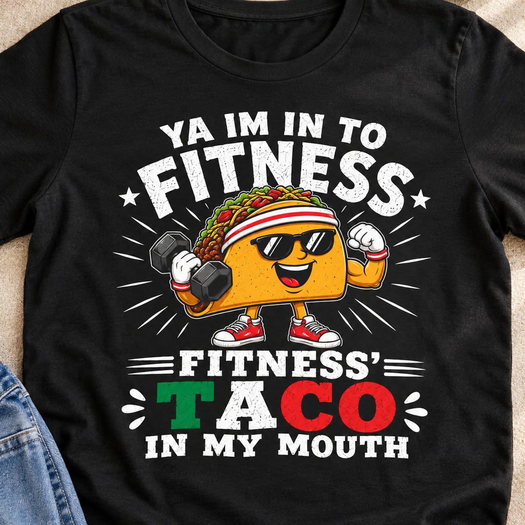 Yeah I'm Into Fitness Taco Shirt | Funny Taco Workout Tee — close-up lifestyle flat lay