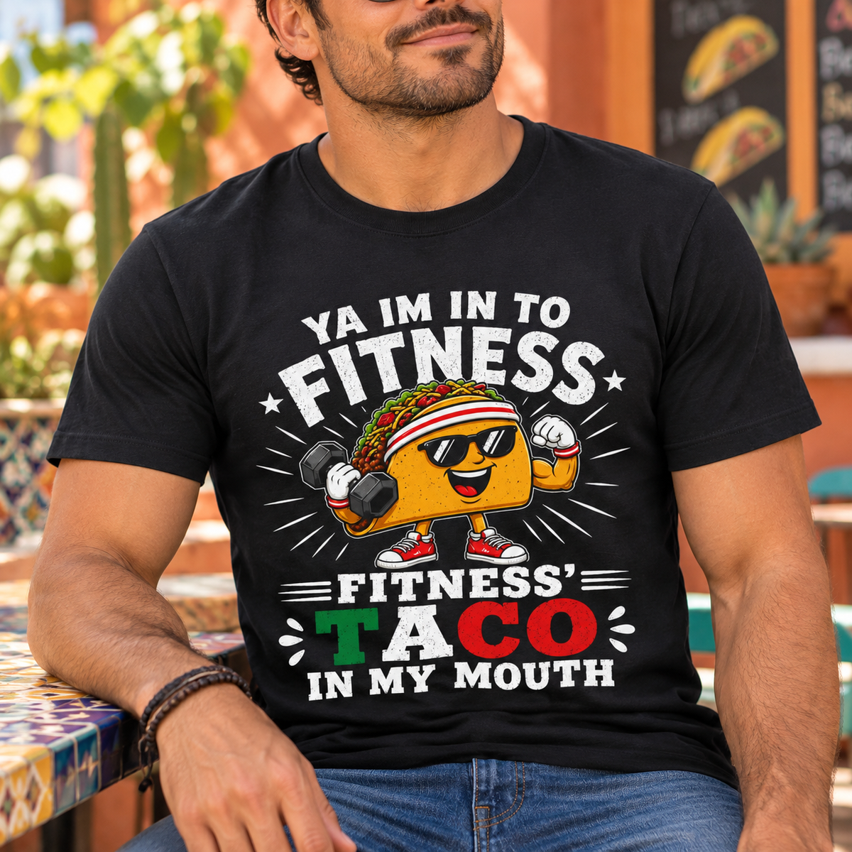 Yeah I'm Into Fitness Taco Shirt | Funny Taco Workout Tee — close-up lifestyle mockup