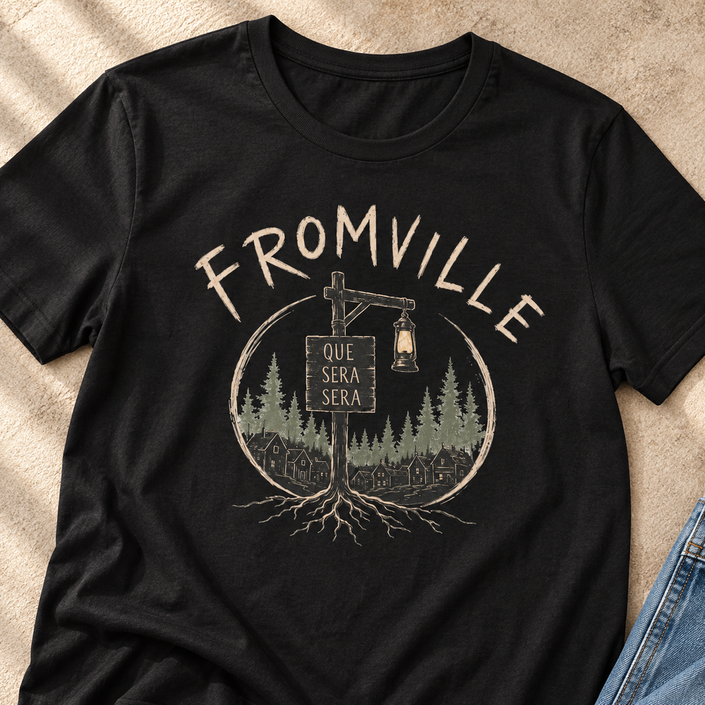Fromville Que Sera Squad Shirt | Vintage Horror Tee — close-up lifestyle flat lay