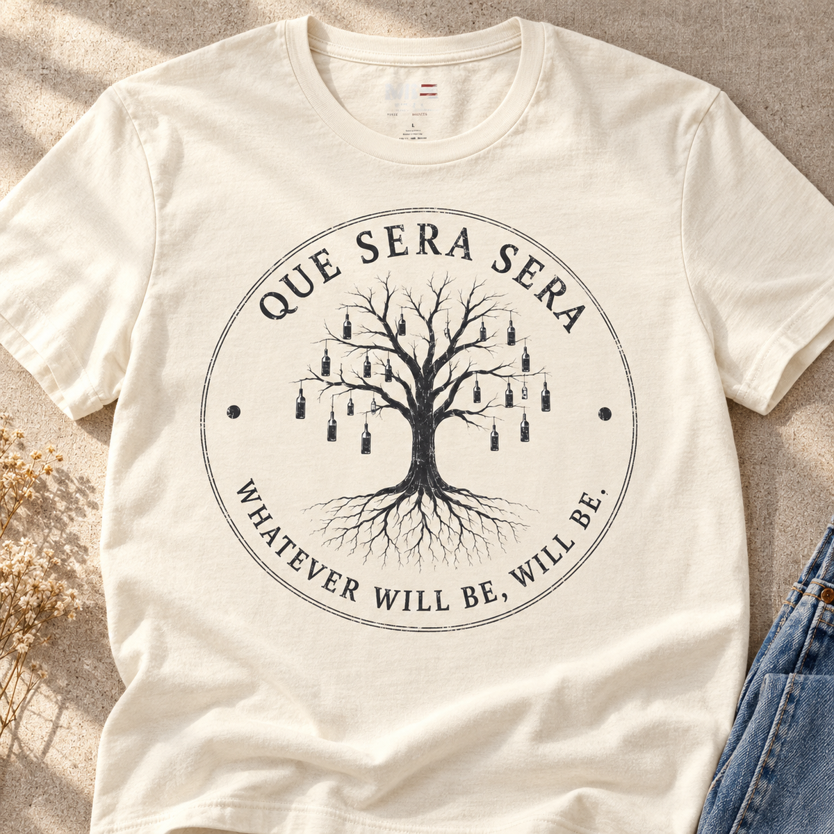 Fromville Que Sera Sera Tree Shirt | Vintage Horror Tee — close-up lifestyle flat lay