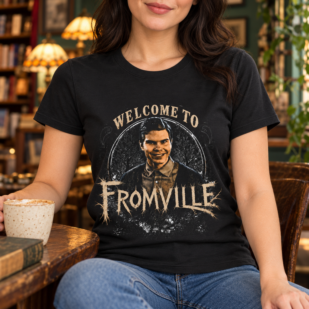 Welcome to Fromville Smiley Shirt | Horror Tee — close-up lifestyle mockup