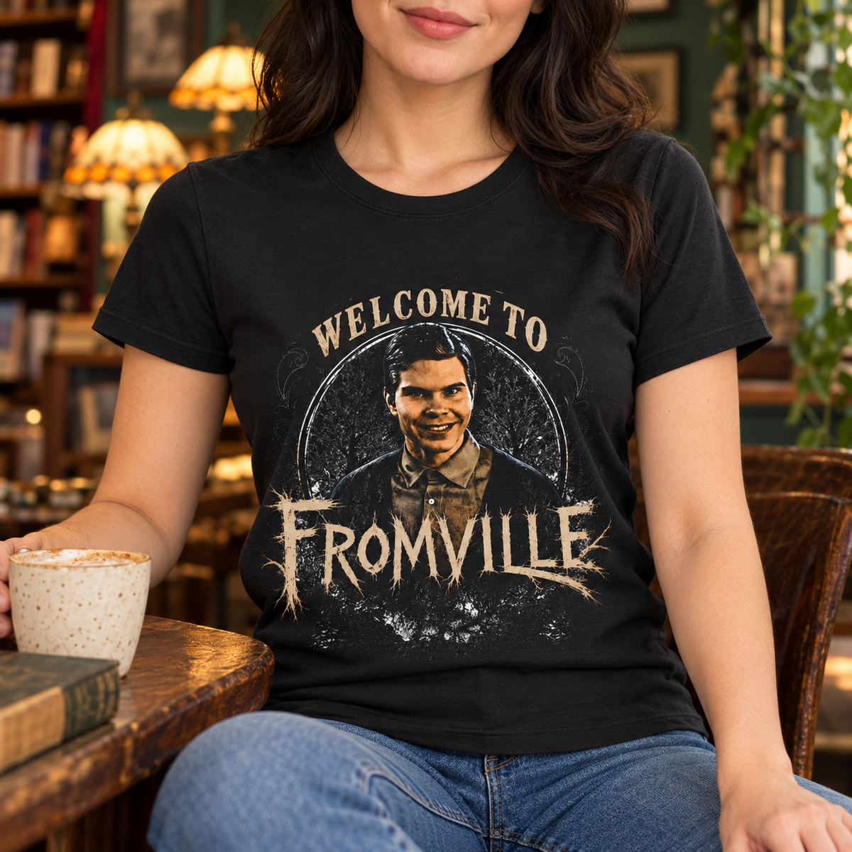 Welcome to Fromville Smiley Shirt | Horror Tee — close-up lifestyle mockup