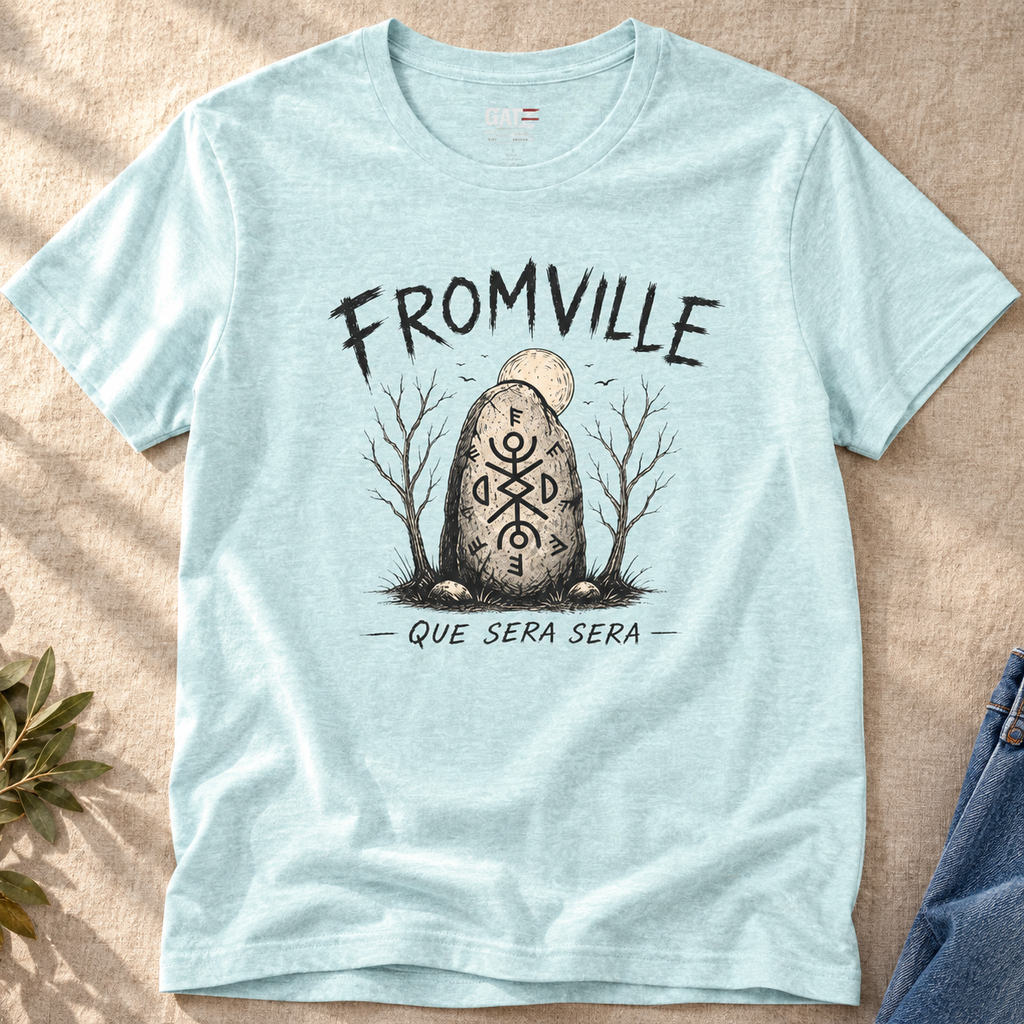 Fromville Talisman Que Sera Sera Shirt | Horror Tee — close-up lifestyle flat lay