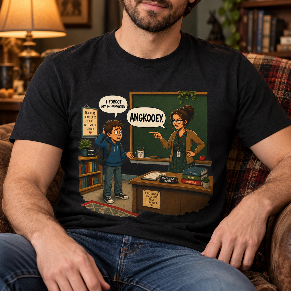 Fromville Angkooey Forgot Homework Shirt | Funny Horror Tee — close-up lifestyle mockup
